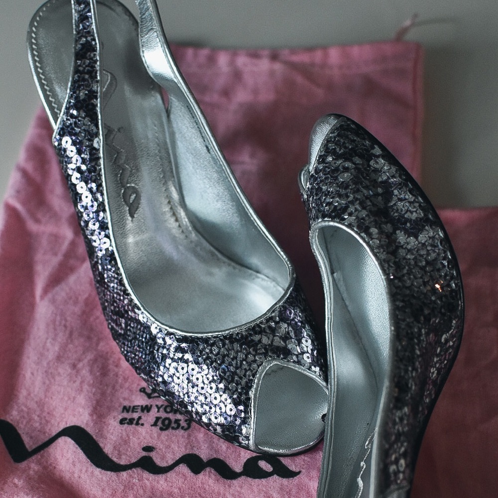 Nina Snake Print Sequin Heels with Shoe Bags